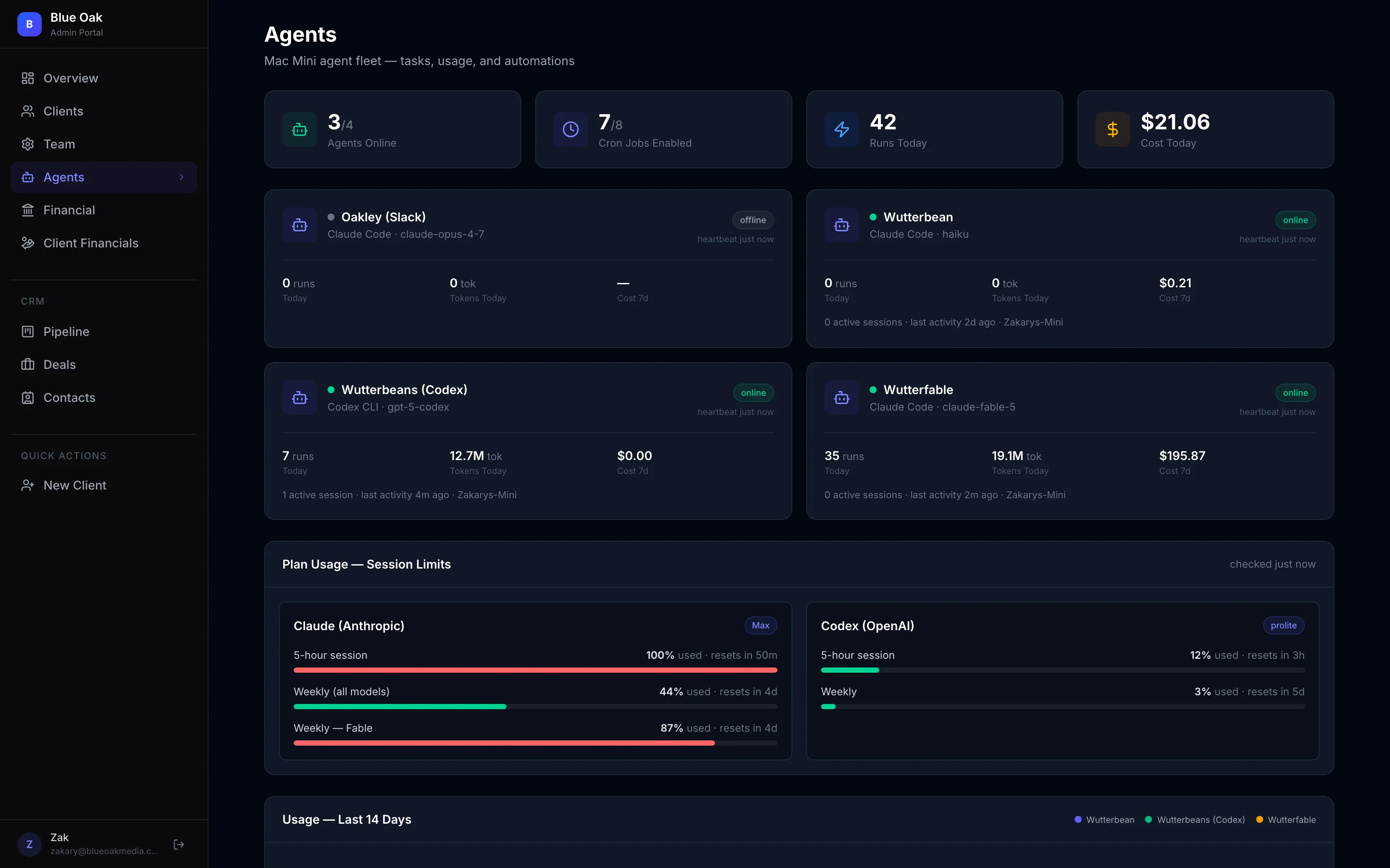 Blue Oak portal — AI agent fleet module