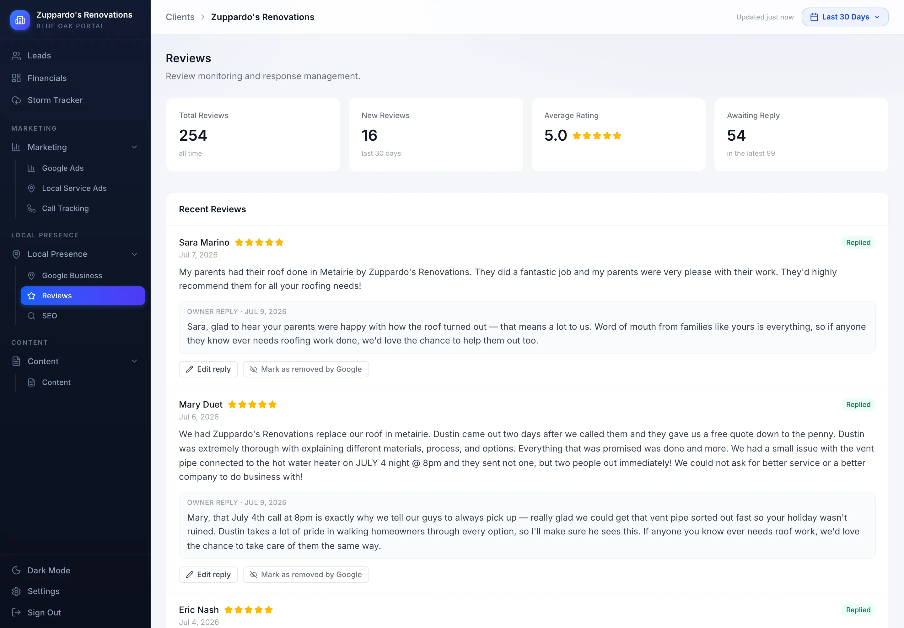 Blue Oak portal — Review responses module